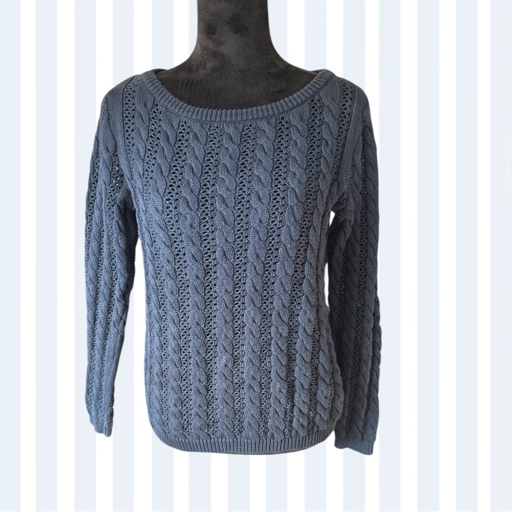 Lands' End Women's Classic Blue Cable Knit Sweater